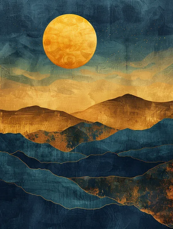 Jour 1 — la Lumière : une lune d'or se lève sur des montagnes indigo, premier matin du monde