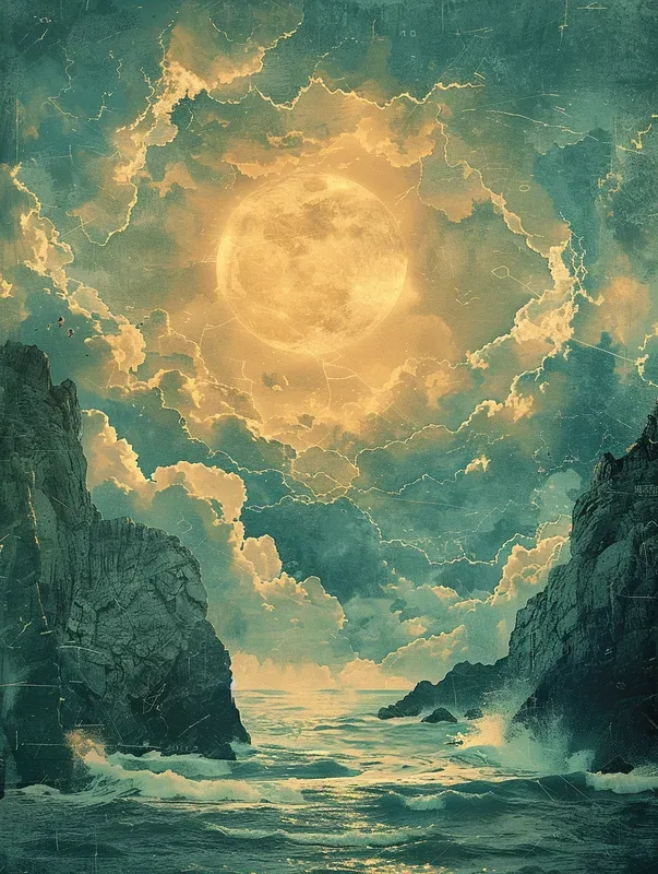 Jour 2 — le Firmament : la lune traverse les nuées au-dessus d'une mer profonde entre deux falaises