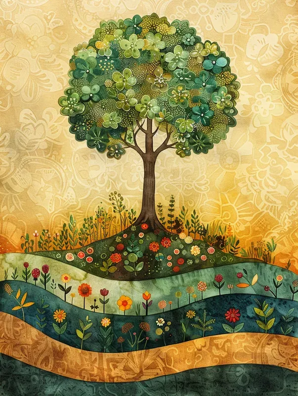 Jour 3 — la Terre et les plantes : un arbre vert sur une terre fleurie et fertile baignée d'or