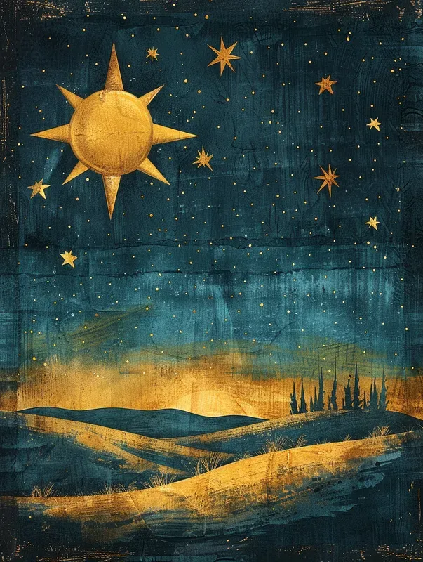 Jour 4 — les Astres : soleil, croissant de lune et étoiles gravés dans un ciel de nuit indigo et or