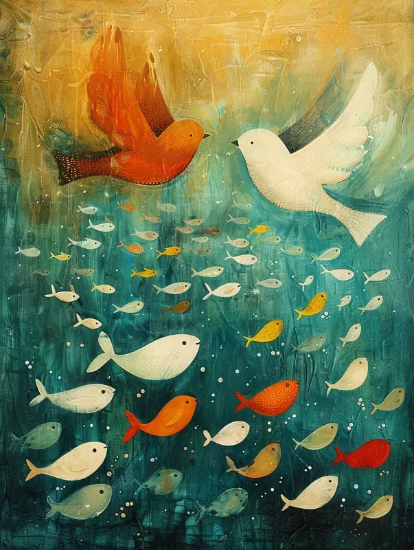Jour 5 — le Monde vivant : oiseaux et bancs de poissons colorés entre eau turquoise et ciel doré