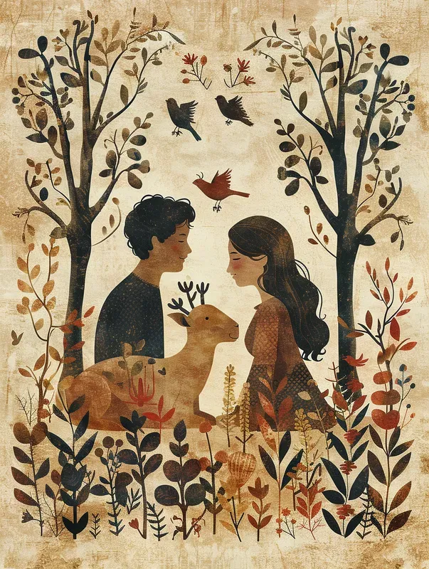 Jour 6 — l'Homme et les animaux : un homme et une femme face à face dans un jardin peuplé de bêtes et d'oiseaux
