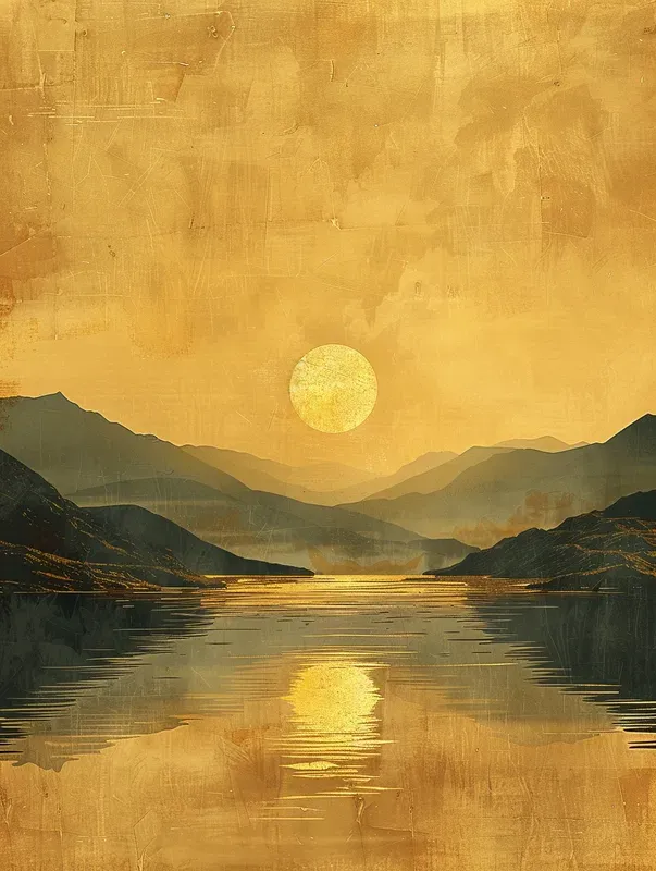 Jour 7 — le Repos : un lac d'or sous un soleil bas, tout est calme et sanctifié