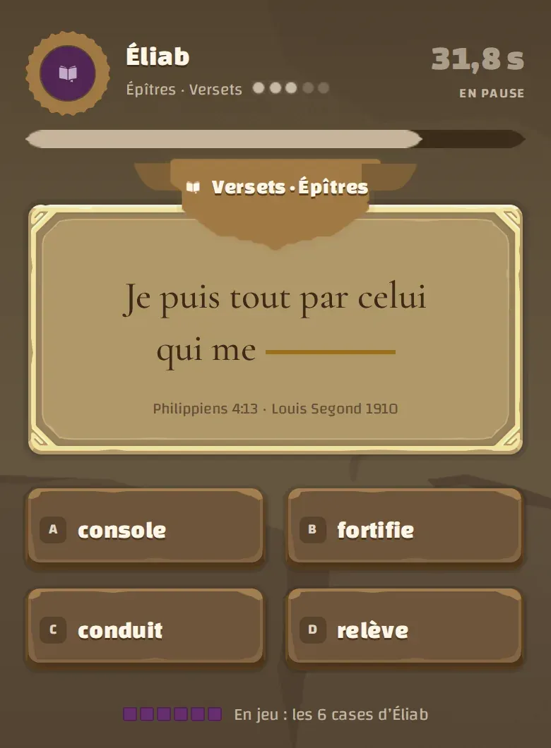L’écran du duel. Un verset de Philippiens à compléter, quatre réponses au choix, et la pendule de l’adversaire en pause à 31,8 secondes.