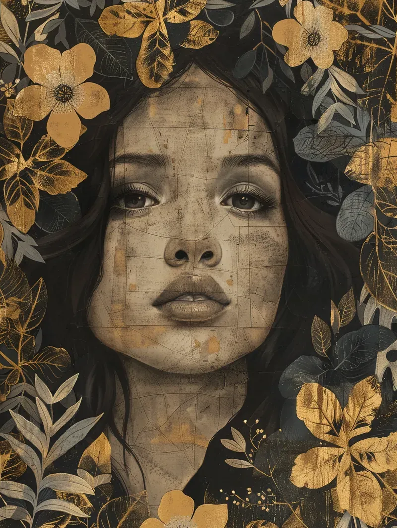 Ève — portrait peint, couronne de feuilles et de fleurs