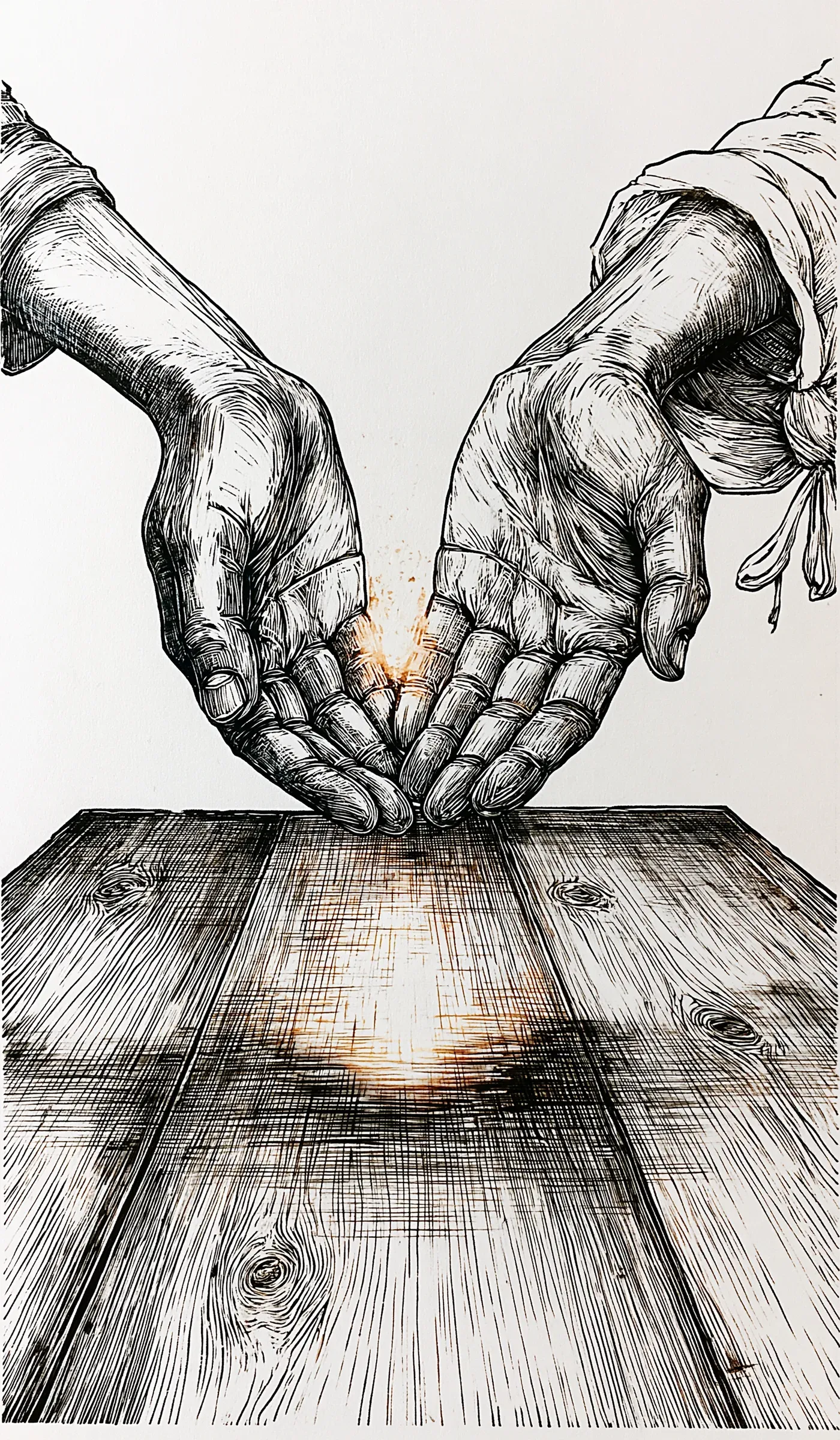 Deux mains qui se rejoignent au-dessus d'une table, une braise de lumière entre elles — illustration à l'encre du jeu La Table Ouverte