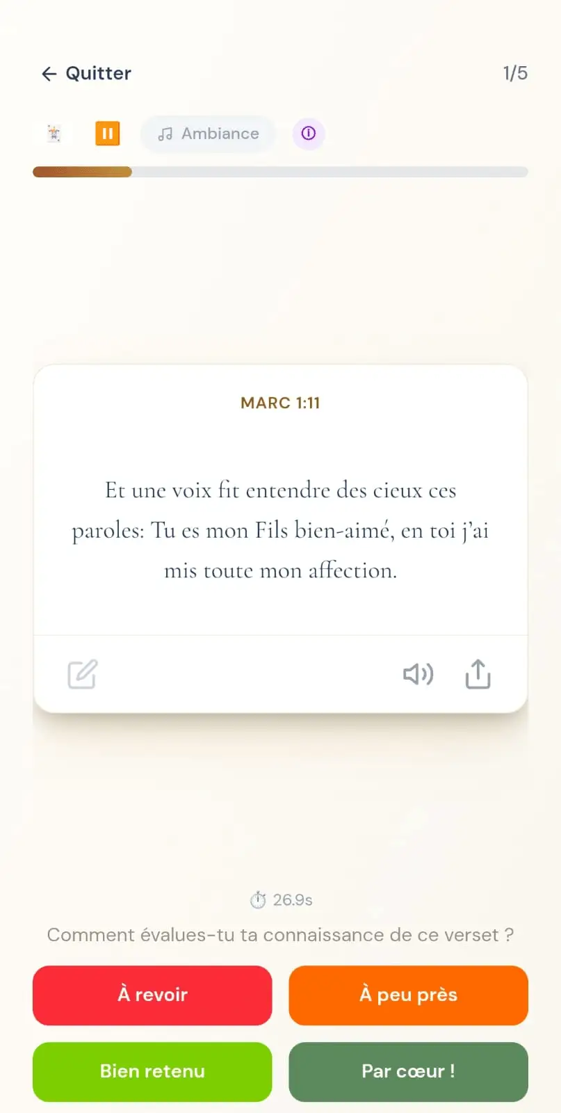 L'app AgapePlay : carte de révision d'un verset avec auto-évaluation