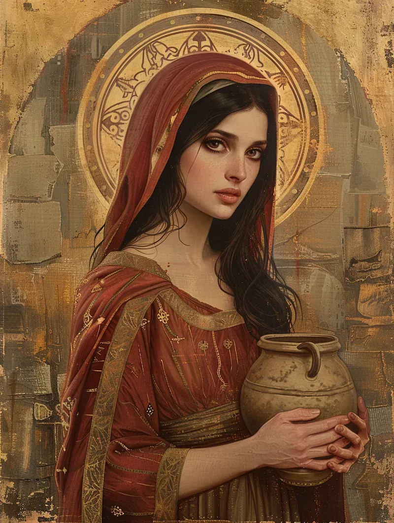 Rebecca — portrait peint, la jeune femme et sa cruche au puits